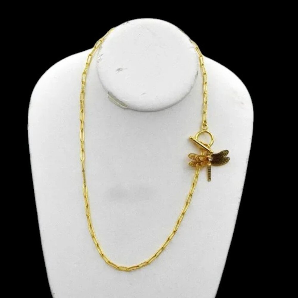 ECU Gold Tone Dragon Fly Rhinestone Necklace Link Chain Bugs Insects